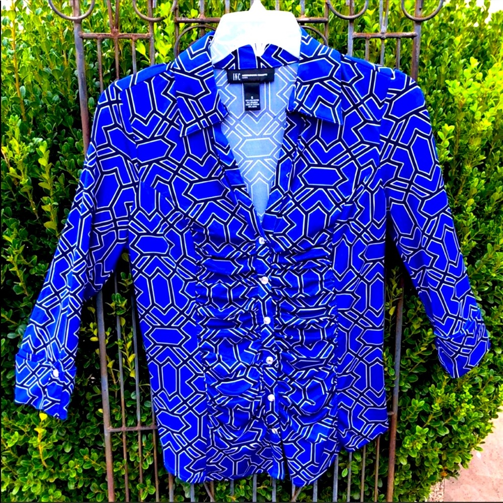Style & Co. geometric pattern black & royal blue blouse Small